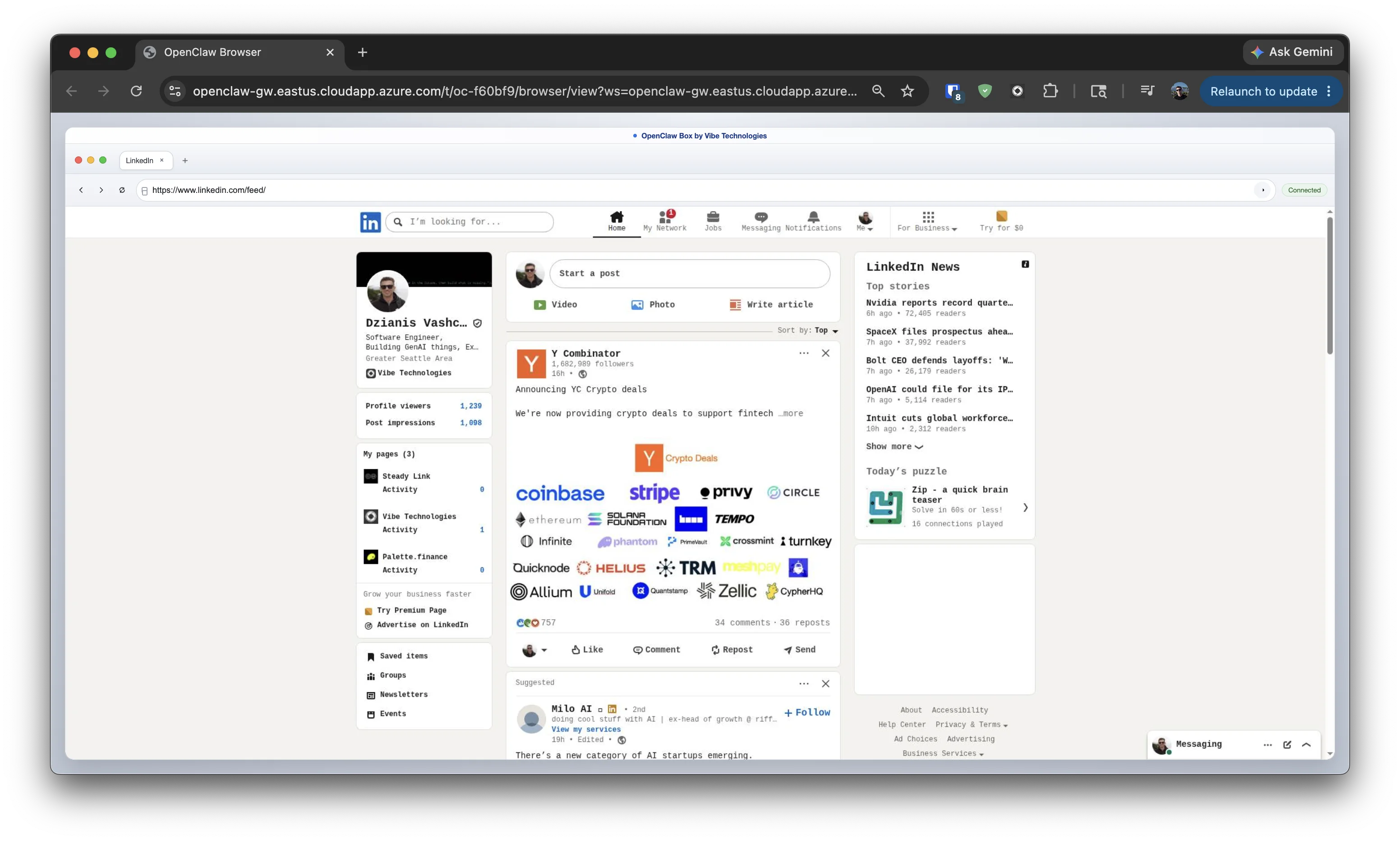 OpenClaw cloud browser logged into LinkedIn