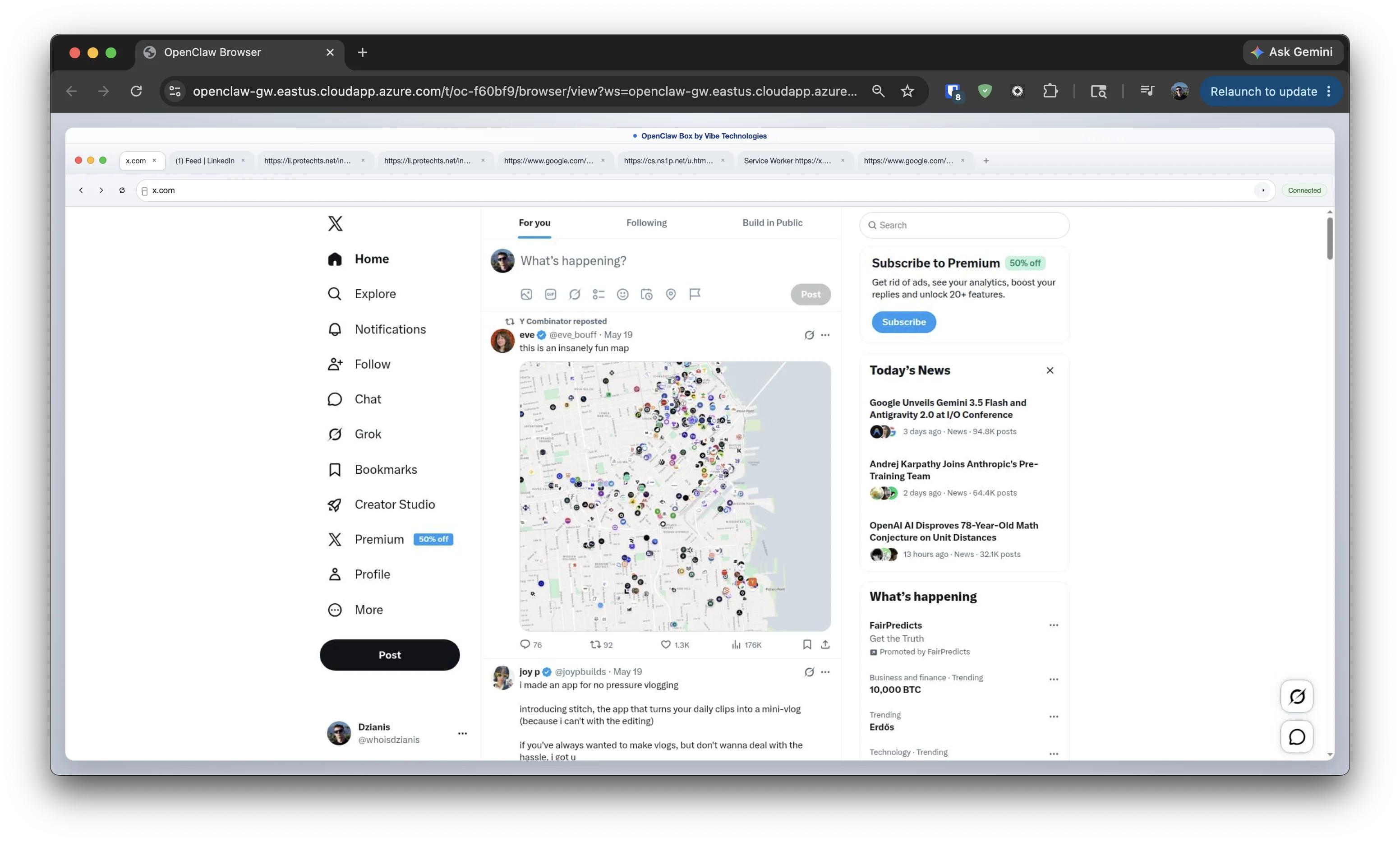 OpenClaw cloud browser logged into X (Twitter)
