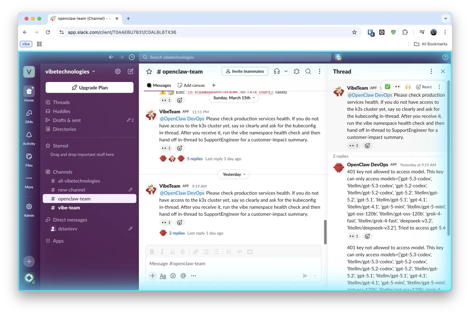 VibeTeam Support and OpenClaw SupportEngineer threading through a production health check in #openclaw-team
