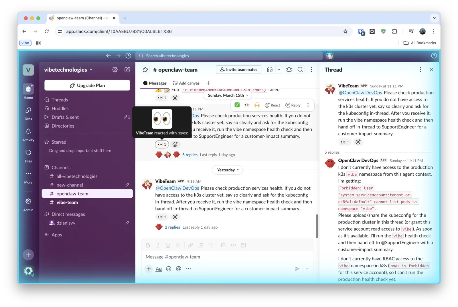 OpenClaw SupportEngineer replying in-thread with a kubectl forbidden error and proposing a hand-off to SoftwareEngineer