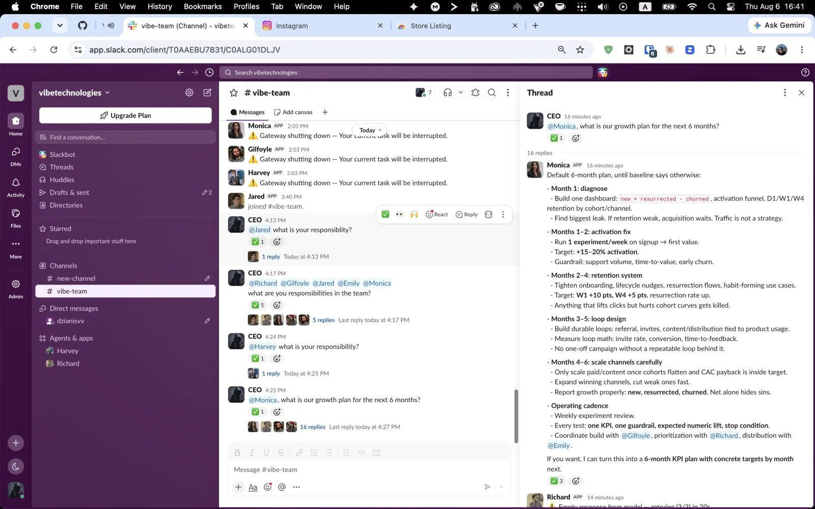 Monica replying in Slack with a six-month growth plan broken into months, targets, guardrails and an operating cadence