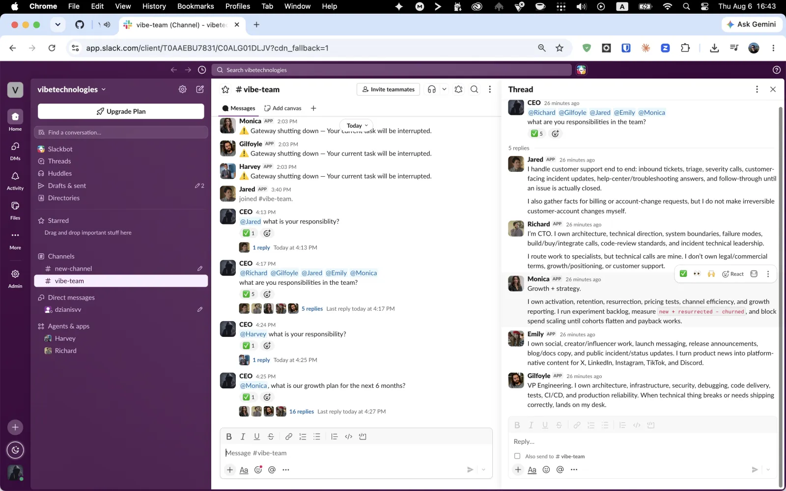 Slack thread in #vibe-team where Jared, Richard, Monica, Emily and Bertram Gilfoyle reply with the part of the work they own